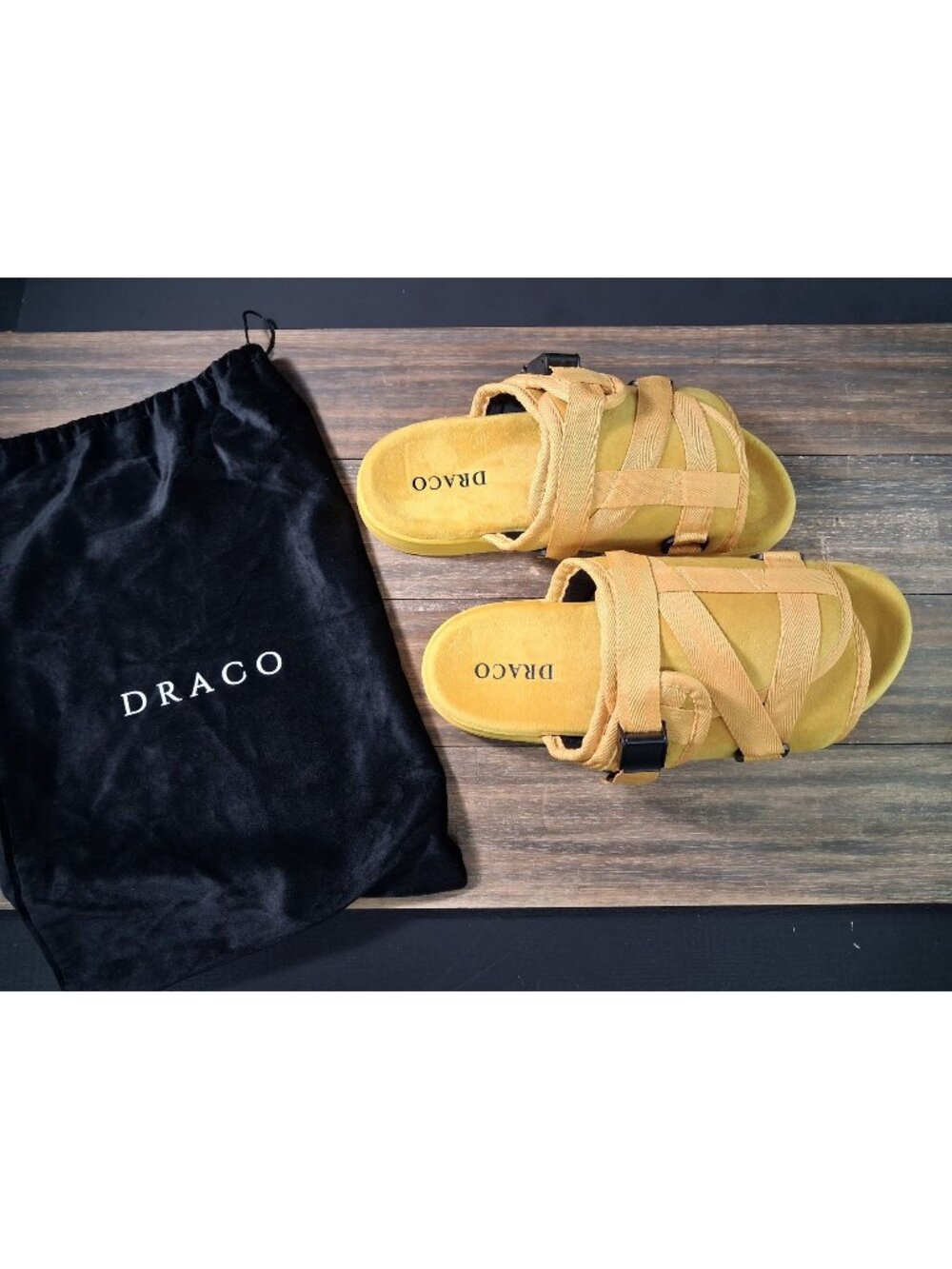 Draco Slides Sunrise Yellow Velvet Suede Buckle Strap Sandal Men Size 9 10